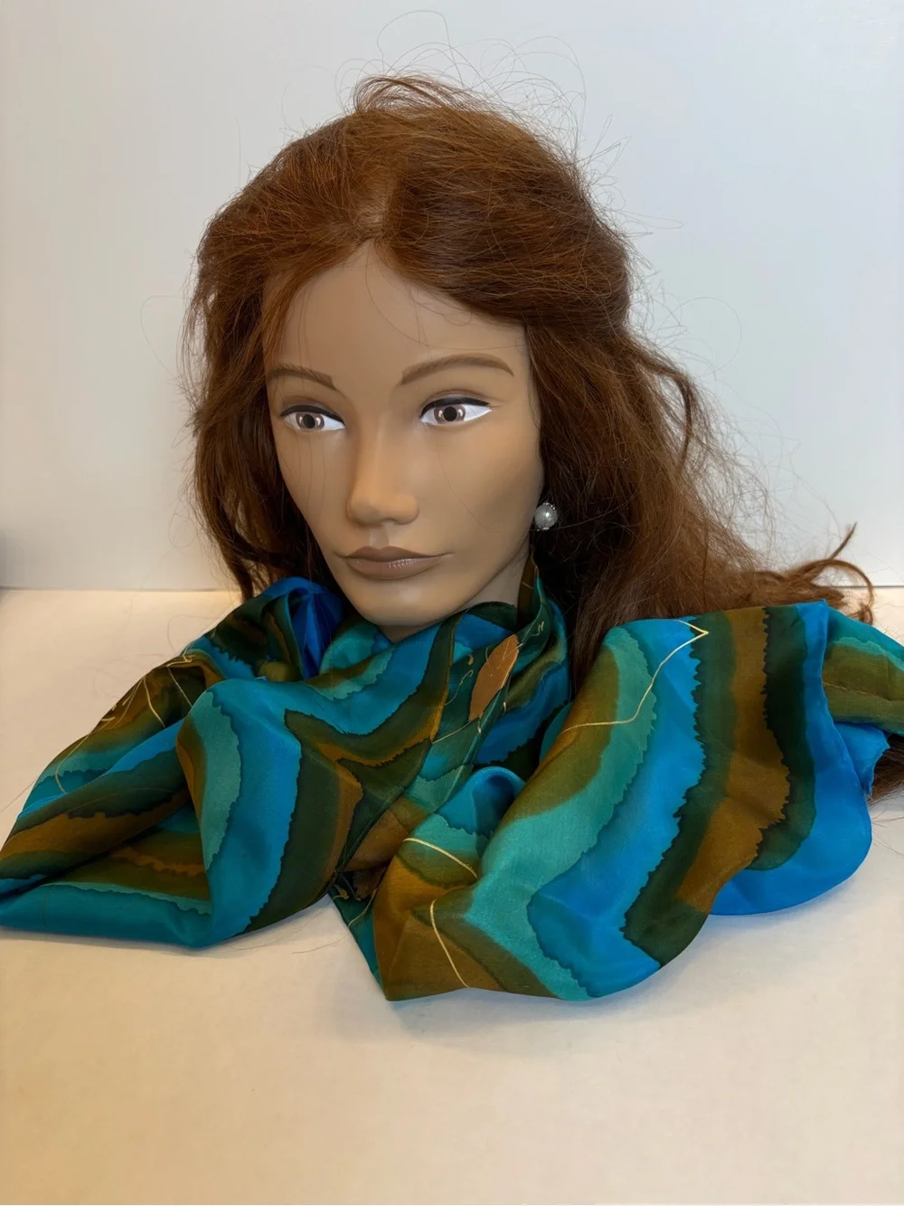 Vintage Luciano Micallef Silk Scarf Hand Painted Blue Green Flower Art Panel 54x